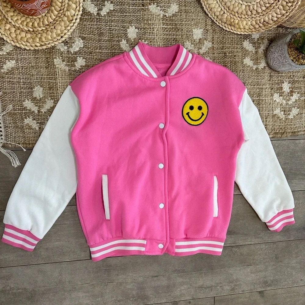 Boutique Girl’s Pink and White Varsity Jacket with Smiley Patch Size XL